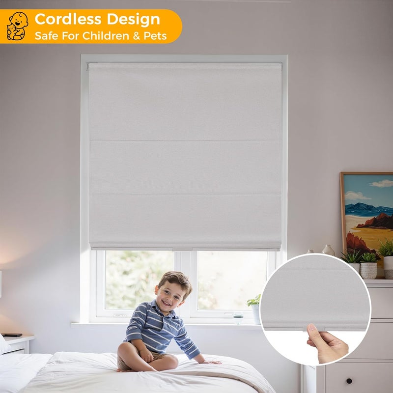 HOMEDEMO No Drill No Tools Cordless Roman Shades for Window,Room Darkening Easy Install Linen Fabric Blackout Roll Up Roman Blinds Window Blinds Inside Mount 27" W x 64" H Grayish White - Image 3